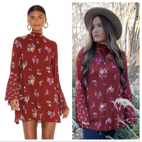 FREE PEOPLE BOHO FLOWY MINI TUNIC DRESS BOHEMIAN PRINT A2C - Picture 11 of 16